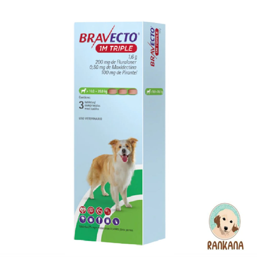 Antipulgas Bravecto 1M TRIPLE para Perros de 10 a 20 Kg x 3 Tabletas