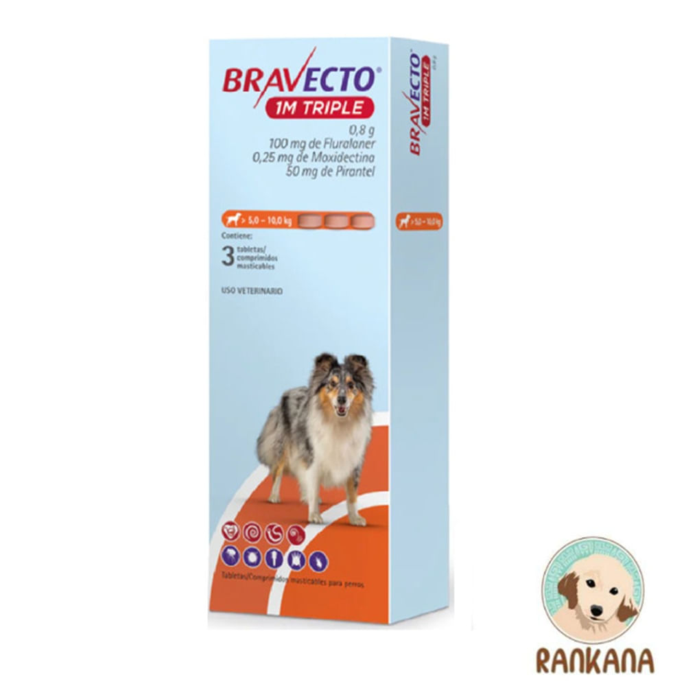 Antipulgas Bravecto 1M TRIPLE para Perros de 5 a 10 Kg x 3 Tabletas