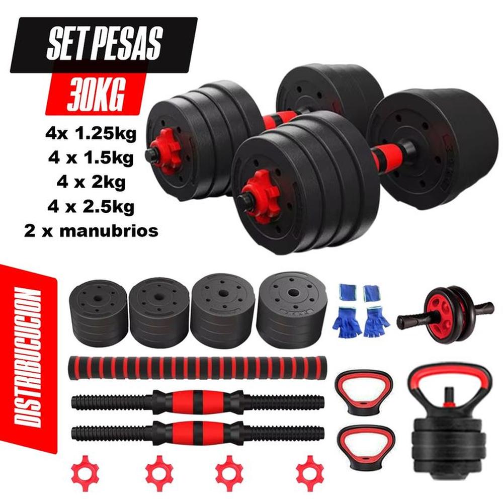 Pesas 30kg Importado Barra y Pesa Rusa Rueda AB y Guantes Oechsle