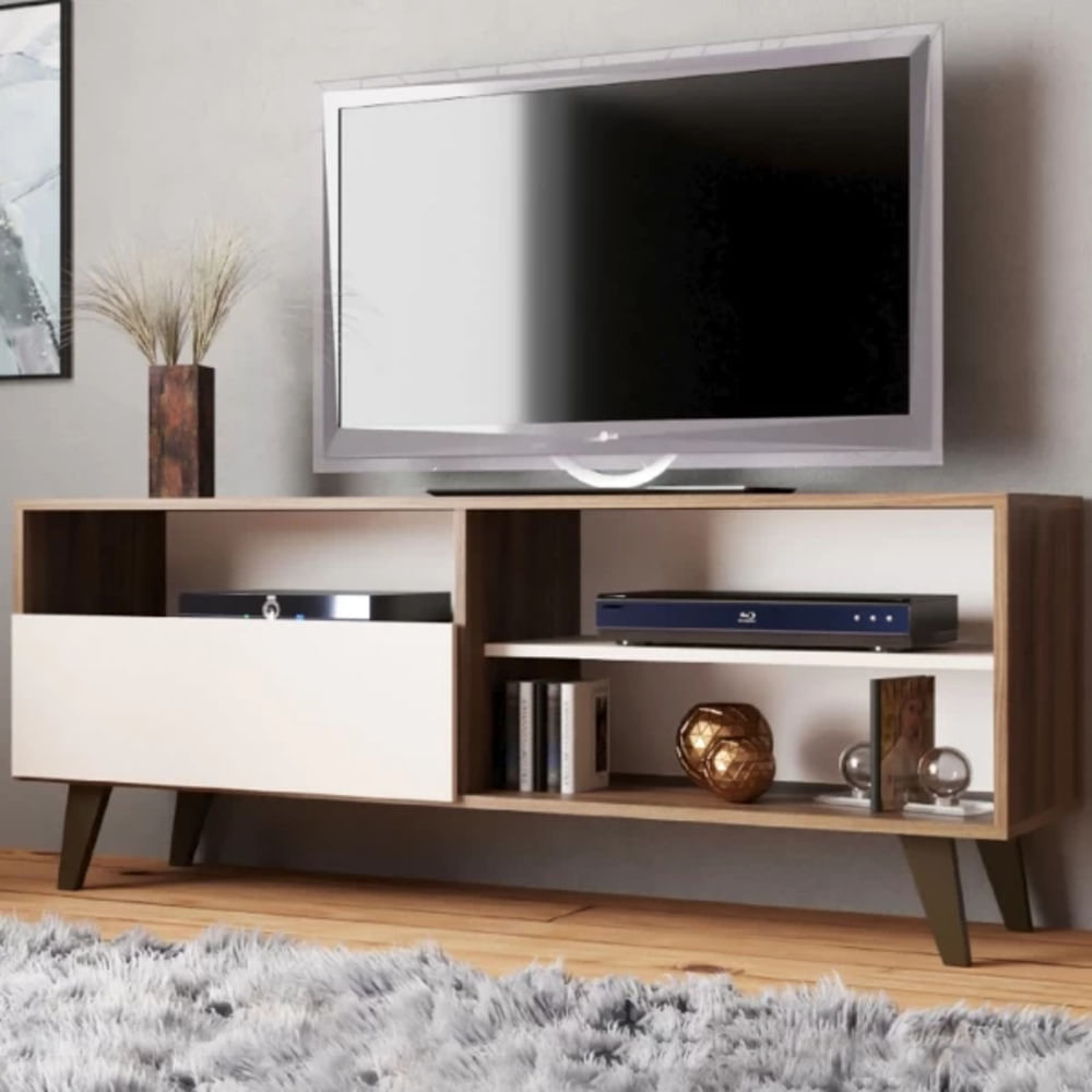 Mesa Estante para TV Carvallo color Marrón/Blanco 1 puerta TU MESITA Mesa Estante para TV Carvallo color Marrón/Blanco 1 puerta TU MESITA