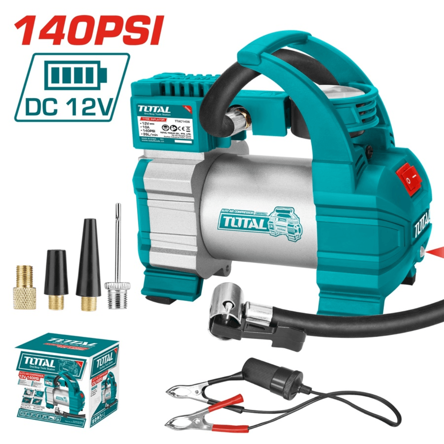 Mini compresora 12v 140Psi con accesorios Total TTAC1406
