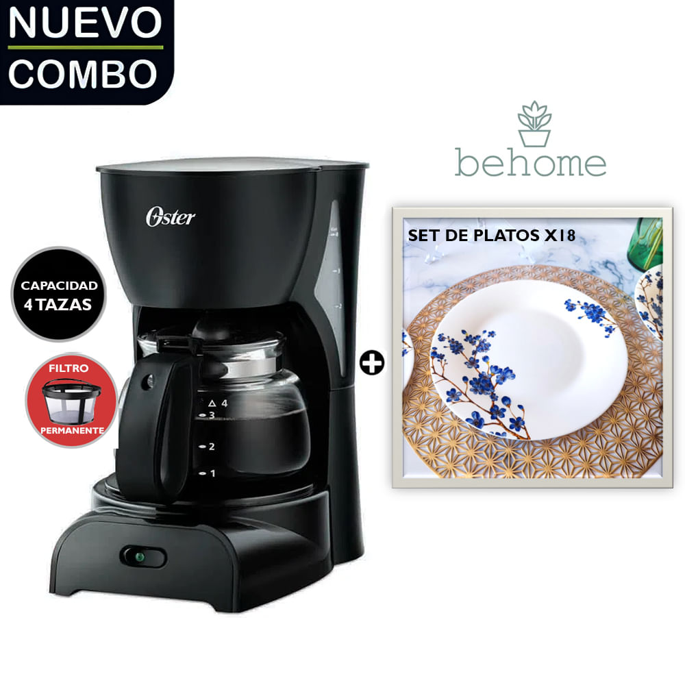 Cafetera Oster 4 tazas BVSTDCDR5B+Set De Platos Behome Azulea X 18