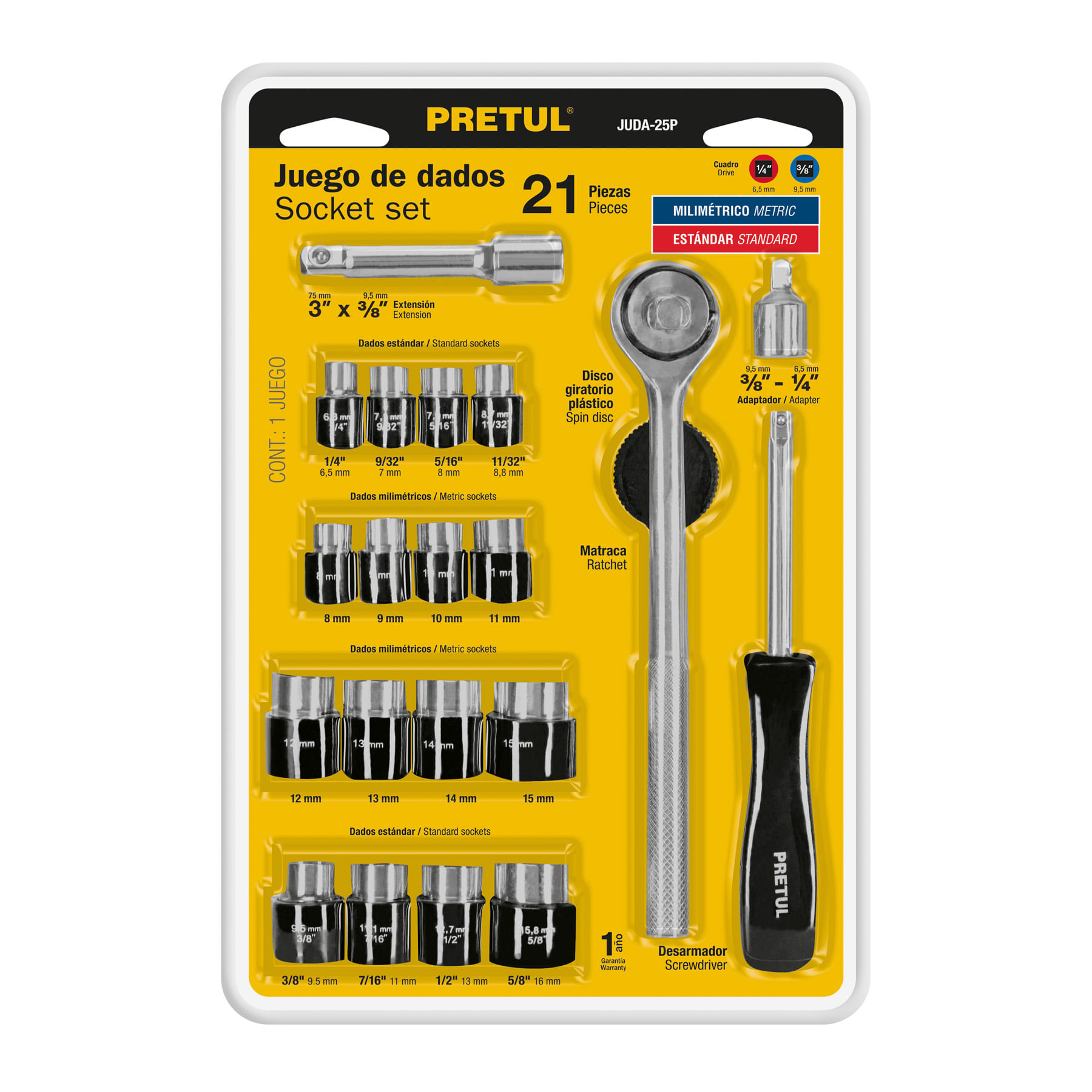Juego de 21 Herramientas 1/4"" y 3/8"" Pretul 21162
