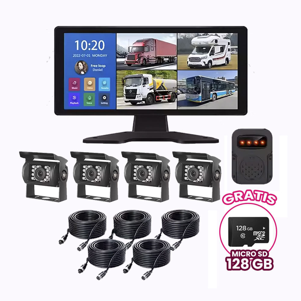 Kit 4 Camaras más Sirena para Camiones y Buses Incluye Monitor Tactil de 10,1 pulgadas más 128GB