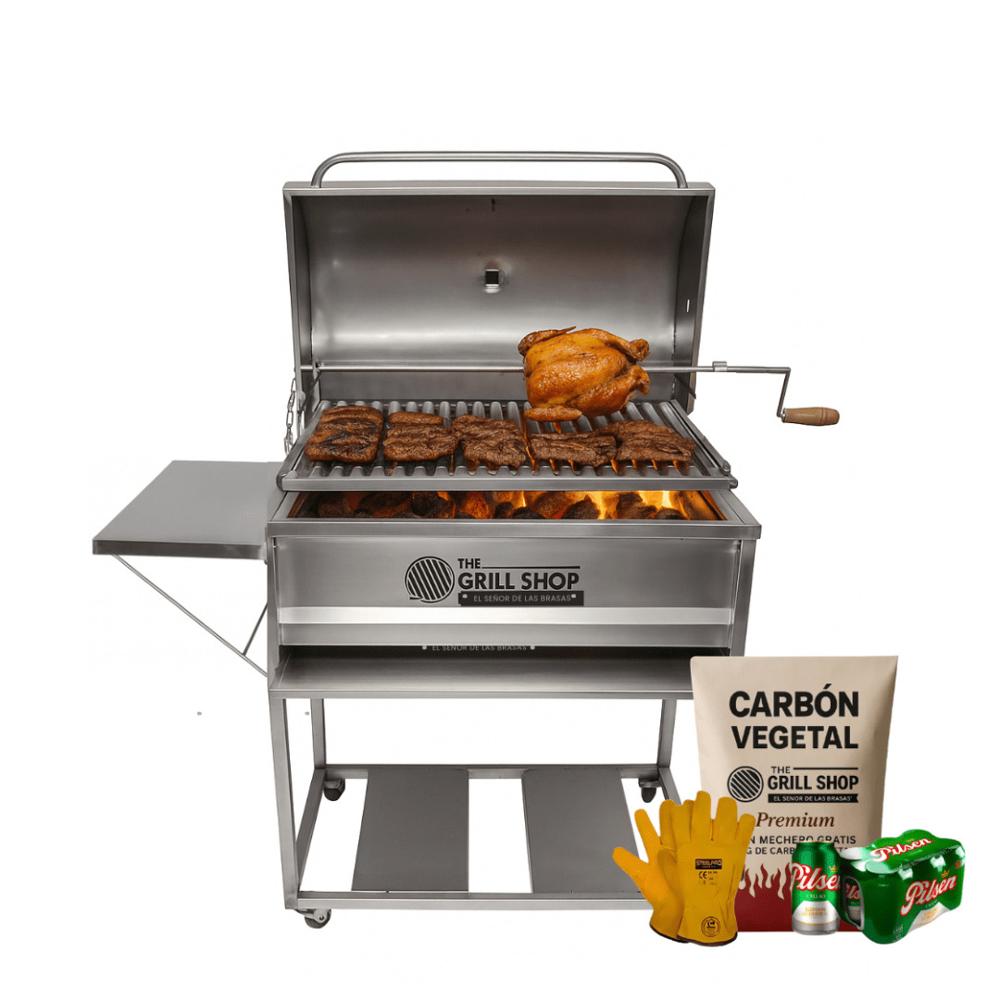 Parrilla Grande Con Tapa Americana de Acero Inoxidable+carbón+cerveza+guantes