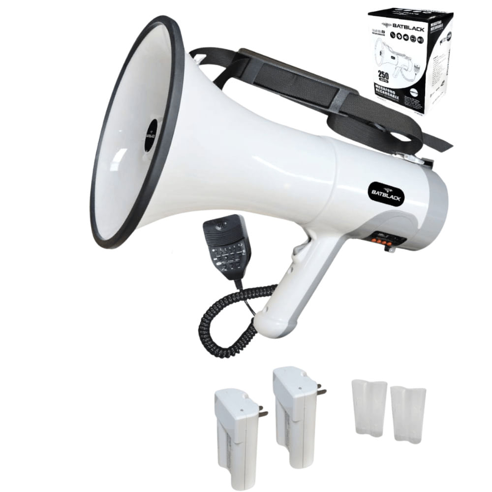 Megafono Recargable de 250w Batblack BT-MF250 con Sistema de Grabacion y Sirena