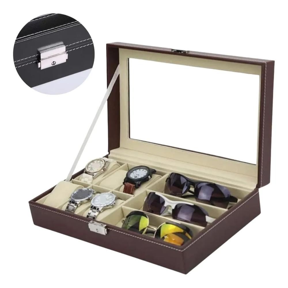 Caja Organizadora para Relojes y Gafas con Tapa de Vidrio y Cierre Seguro Marrón 748MR02
