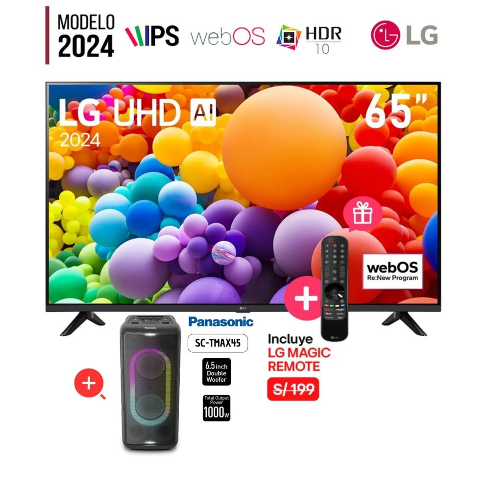 TELEVISOR LG 65"" 65UT7300PSA SMART TV + CONTROL MAGIC 2024 + EQUIPO DE SONIDO PANASONIC SC-TMAX45