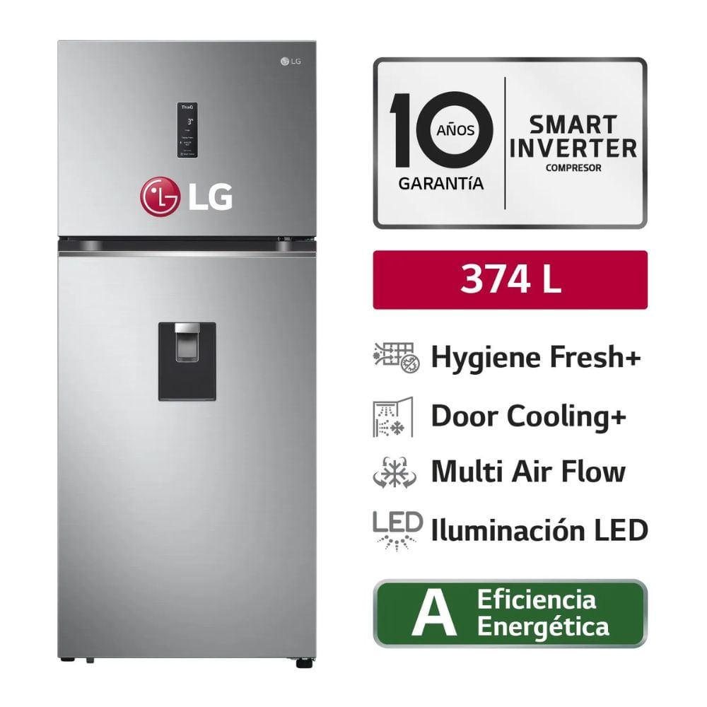 REFRIGERADORA LG 374L TOP FREEZER CON DOOR COOLING GT37SGP-PLATEADO