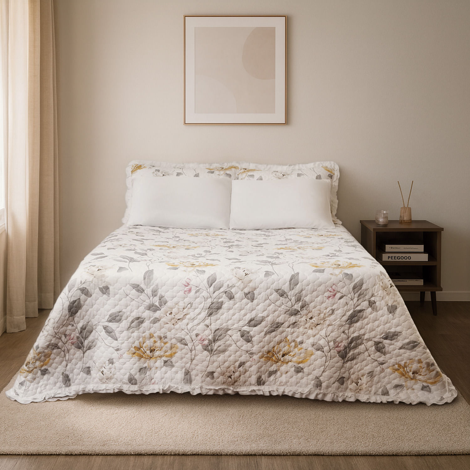 Set Cubrecama Pv26 Micro Print Flores Azu