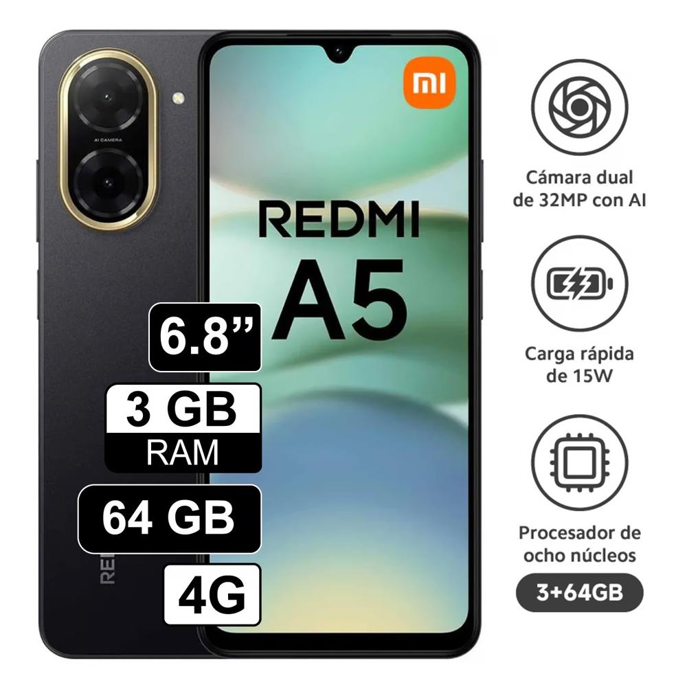 Celular Xiaomi Redmi A5 4G 64GB 3GB RAM cámara principal 32MP frontal 8MP 688 Negro