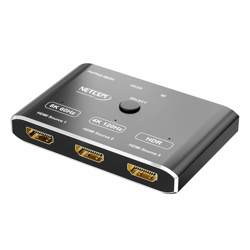 Switch HDMI 2.1 3 Puertos 8K 60Hz 3D HDR HDCP 2.3 3x1 48GBps NETCOM