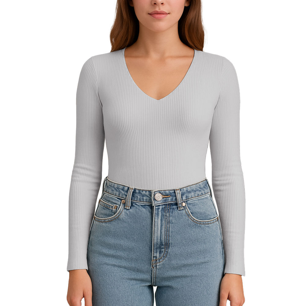 Polo M.Larga Cuello V Rib Acanalado con Forro Lul810 Fab-17 Color Gris
