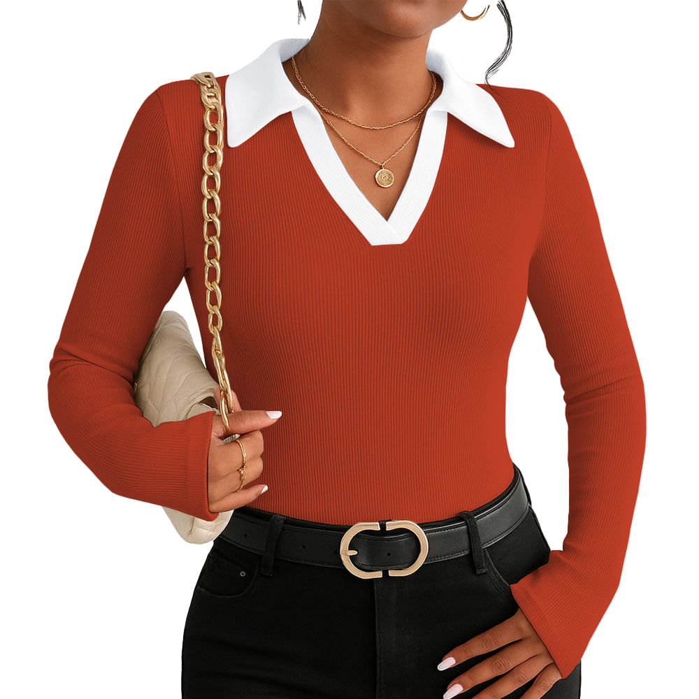 Polo Mujer Camisero Bi Manga Larga Sab-16 Rib Color Naranja