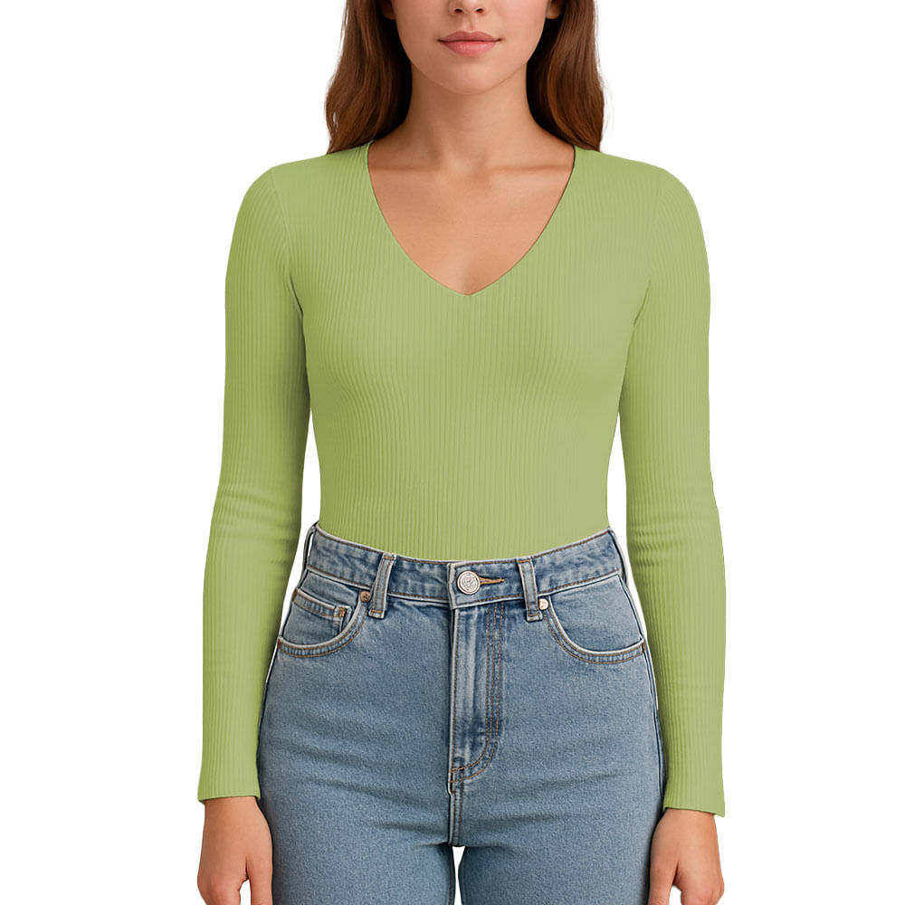 Polo M.Larga Cuello V Rib Acanalado con Forro Lul810 Fab-17 Color Verde Palta