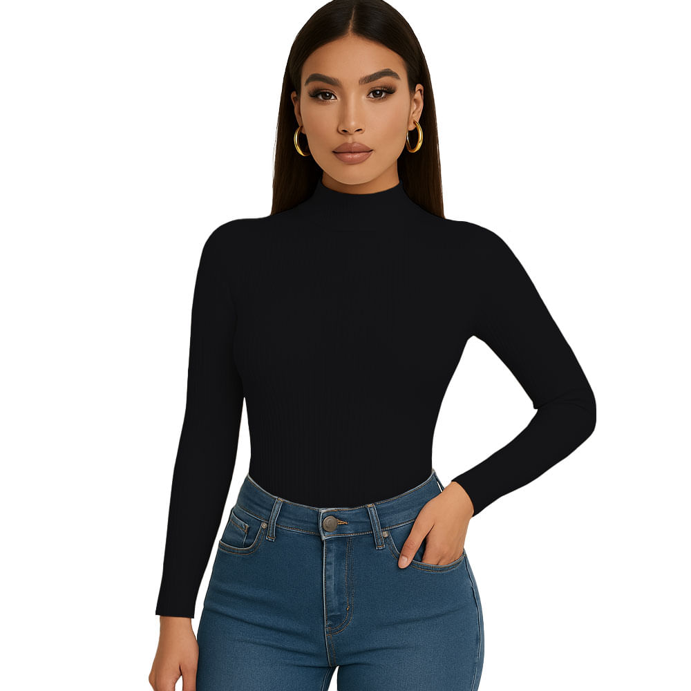 Polo Mujer Cafarena Manga Larga Rib Grueso Tic-13 Color Negro