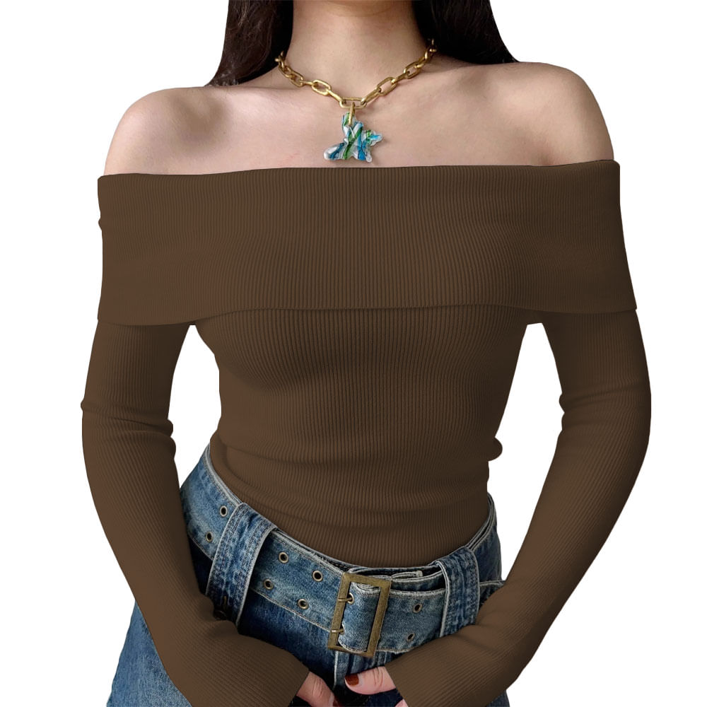 Polo Mujer Rumbera Manga Larga Rib Grueso New 710-16 Color Marron