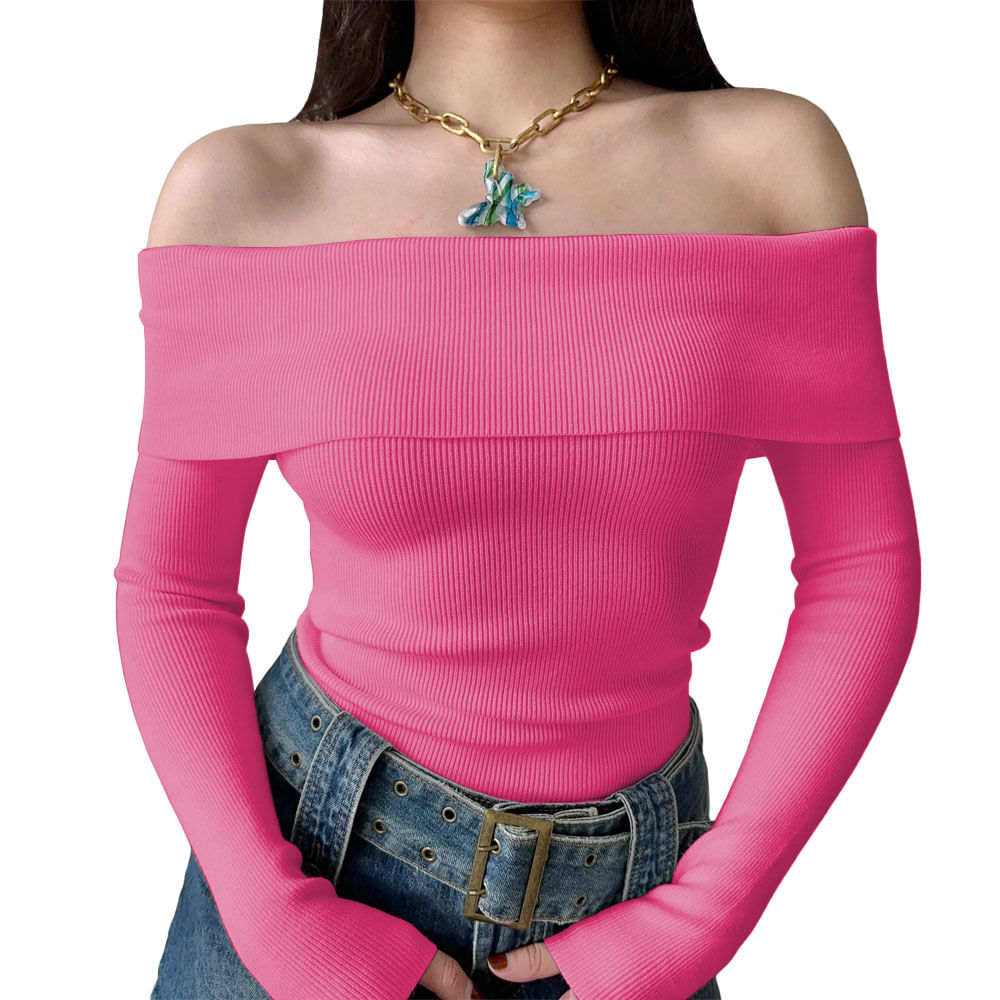Polo Mujer Rumbera Manga Larga Rib Grueso New 710-16 Color Salmon