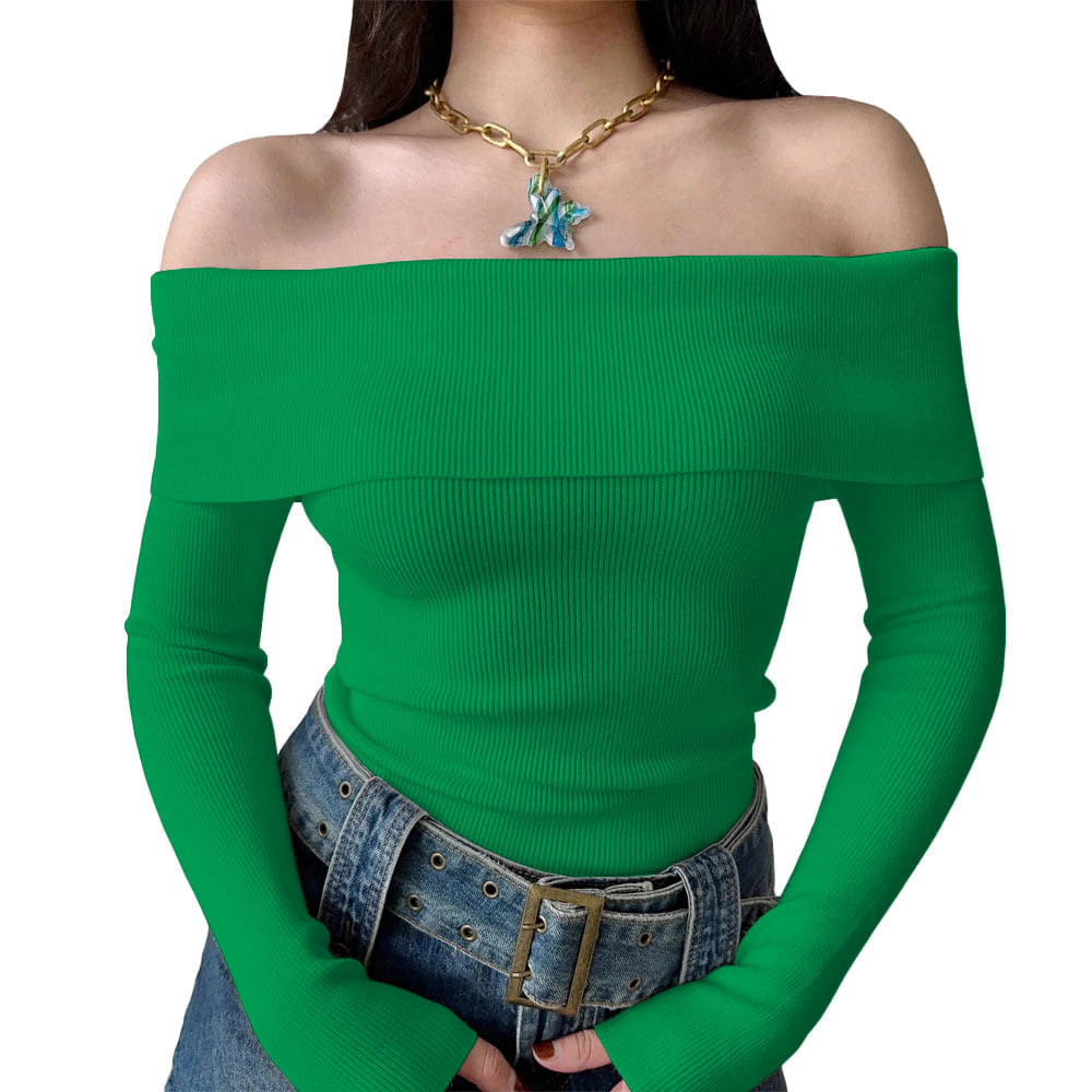 Polo Mujer Rumbera Manga Larga Rib Grueso New 710-16 Color Verde