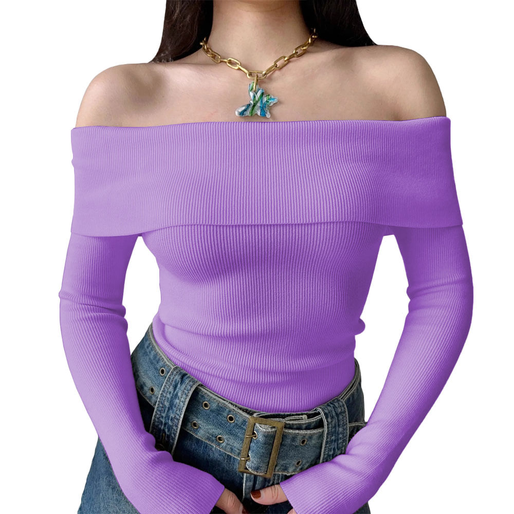 Polo Mujer Rumbera Manga Larga Rib Grueso New 710-16 Color Lila