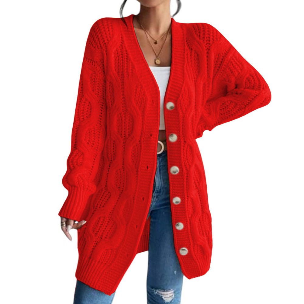 Chompa Mujer Hilo Invierno Botones 127G BRA-32 Color Rojo