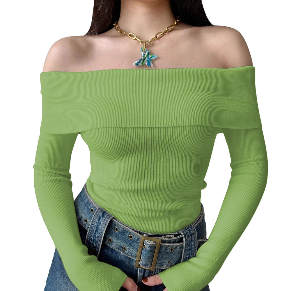 Polo Mujer Rumbera Manga Larga Rib Grueso New 710-16 Color Olivo