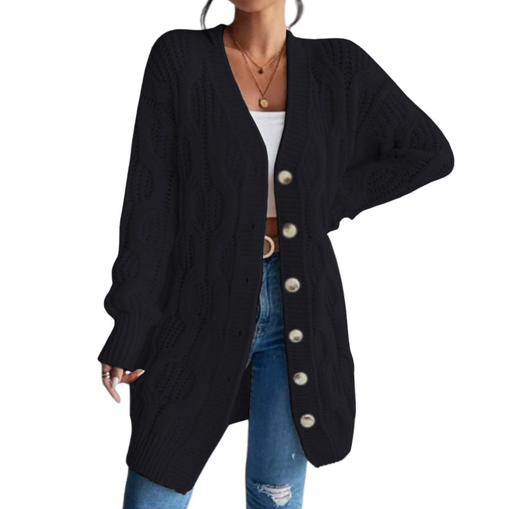 Chompa Mujer Hilo Invierno Botones 127G BRA-32 Color Negro