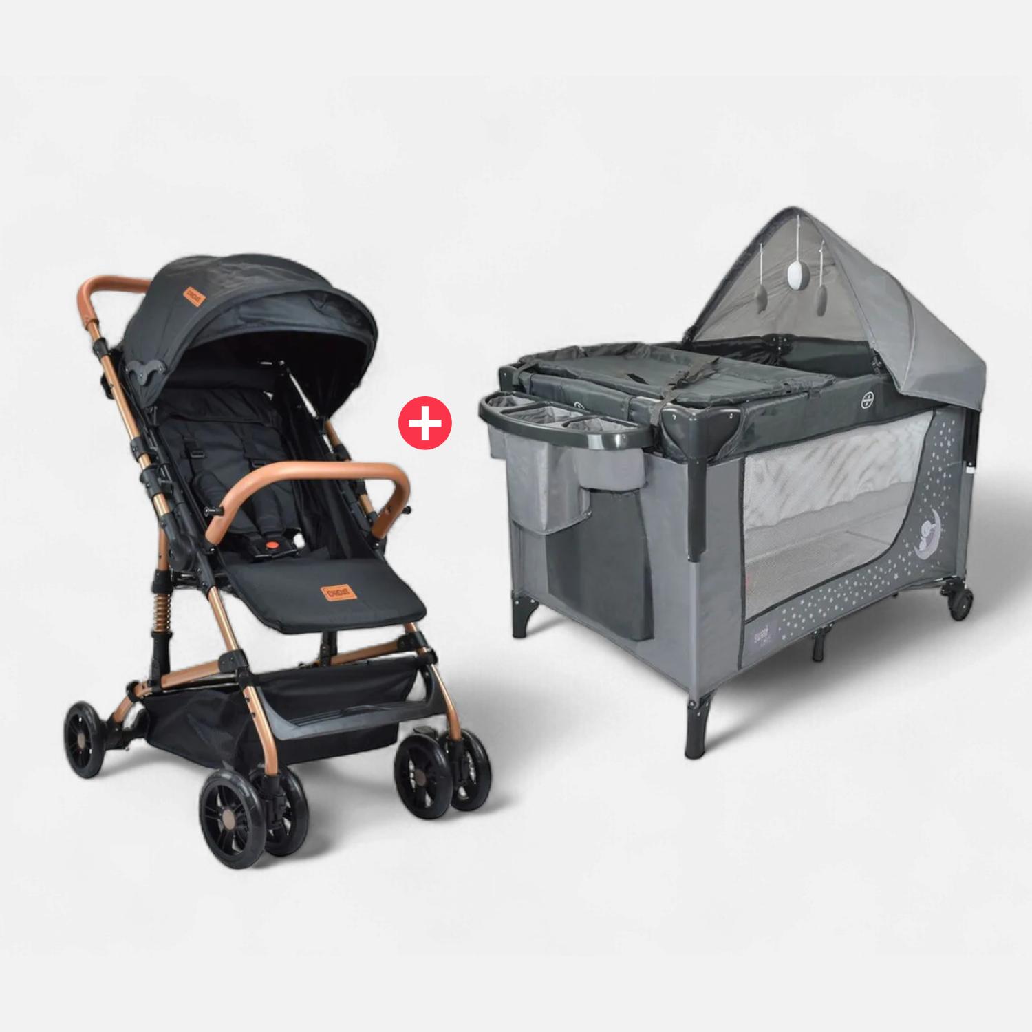 Combo Coche Para Bebé Circus Manija Reversible Negro + Cuna Corral Colecho Circus Gris