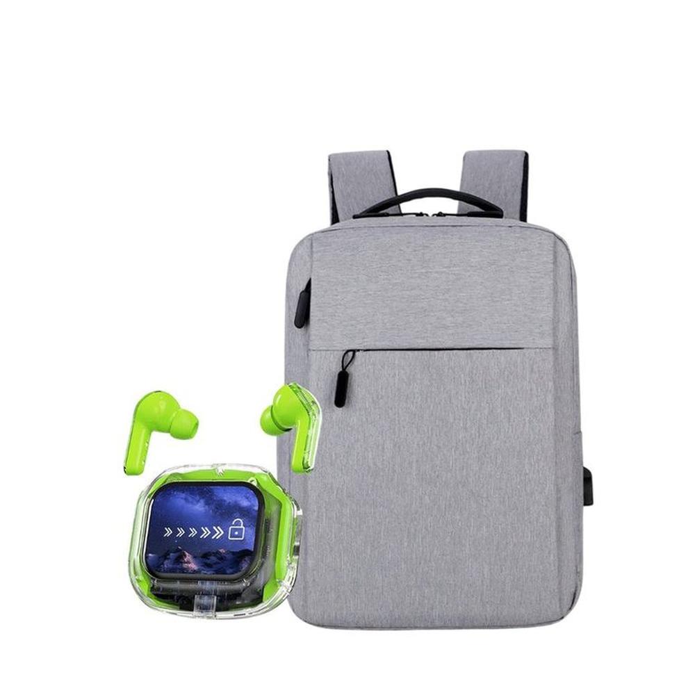 Audífonos Bt Headphones Tws Verde + Mochila Laptop Impermeable Gris