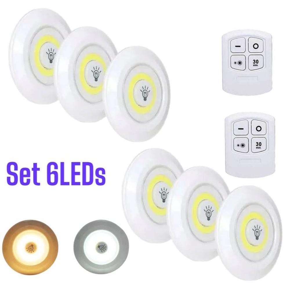 Kit 6 LED Adhesivos con Control Remoto Luz Regulable Cálida y Fría