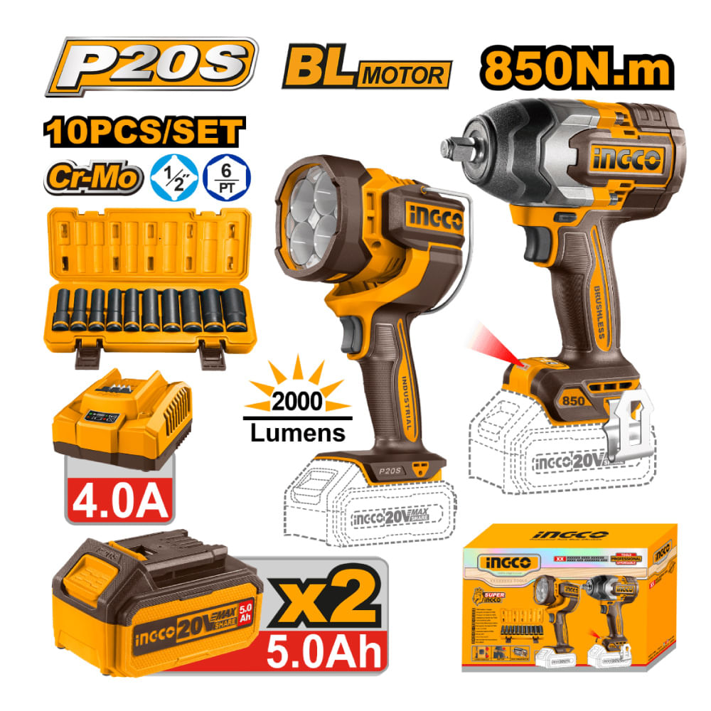 KIT LLAVE IMPACTO BRUSHLESS INGCO 850NM + LINTERNA PORTÁTIL LED INGCO + 2 Baterías 5AH COSLI241181