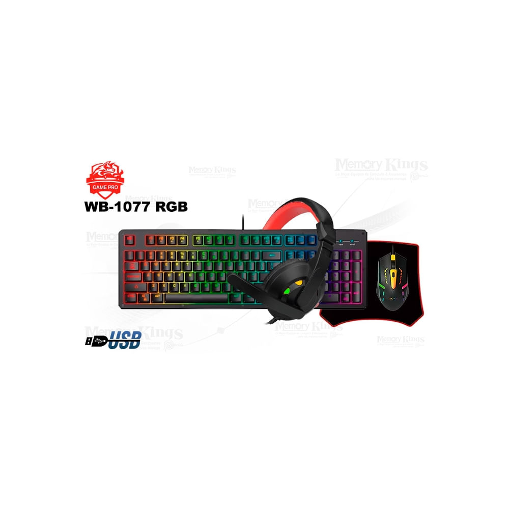 Combo Gaming GAME PRO WB-1077: Teclado RGB, Mouse, Pad y Auriculares USB para Gamers