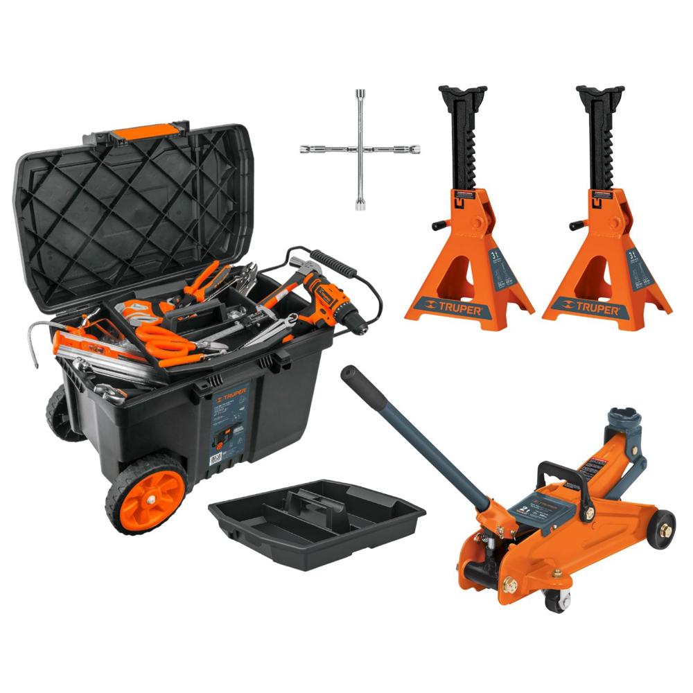 Combo Gata 2 tn + Caballete 3tn + Caja de Herramientas Truper 14944-14843-10902-15484 Combo Gata 2 tn + Caballete 3tn + Caja de Herramientas Truper 14944-14843-10902-15484