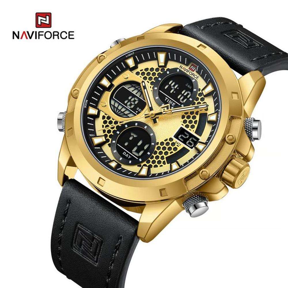 Reloj Naviforce 9225NF Caballero Negro Oro Digital Analógico Cuero