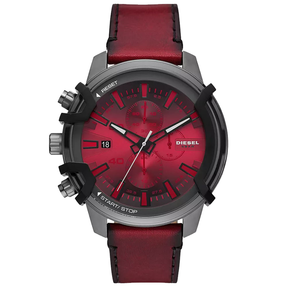 Reloj Diesel Griffed DZ4594 Fecha Cronómetro Acero Inoxidable Gunmetal Correa de Cuero Rojo