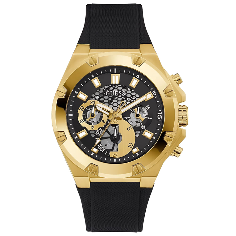 Reloj Guess Third Gear GW0334G2 Multifuncional Acero Inoxidable Dorado Correa de Silicona Negro