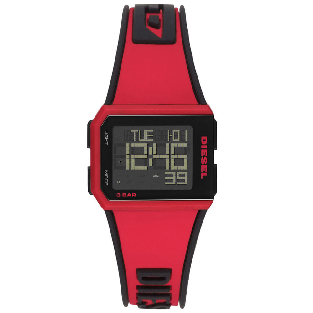 Reloj Diesel Chopped DZ1923 Digital Luz de Fondo Cronómetro Alarma Correa de Silicona Rojo Negro