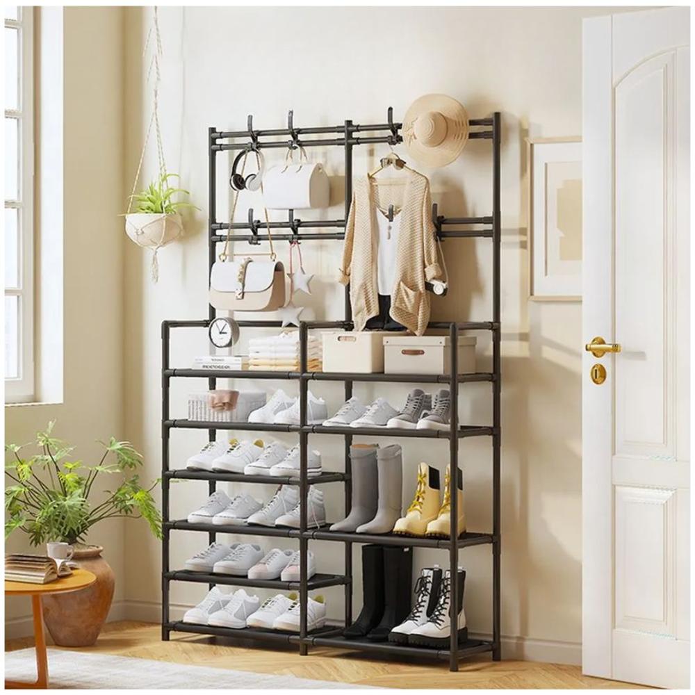 Estante Organizador Zapatera Perchero Multiusos 2 Cuerpos 6 Niveles 162x96x28cm Negro