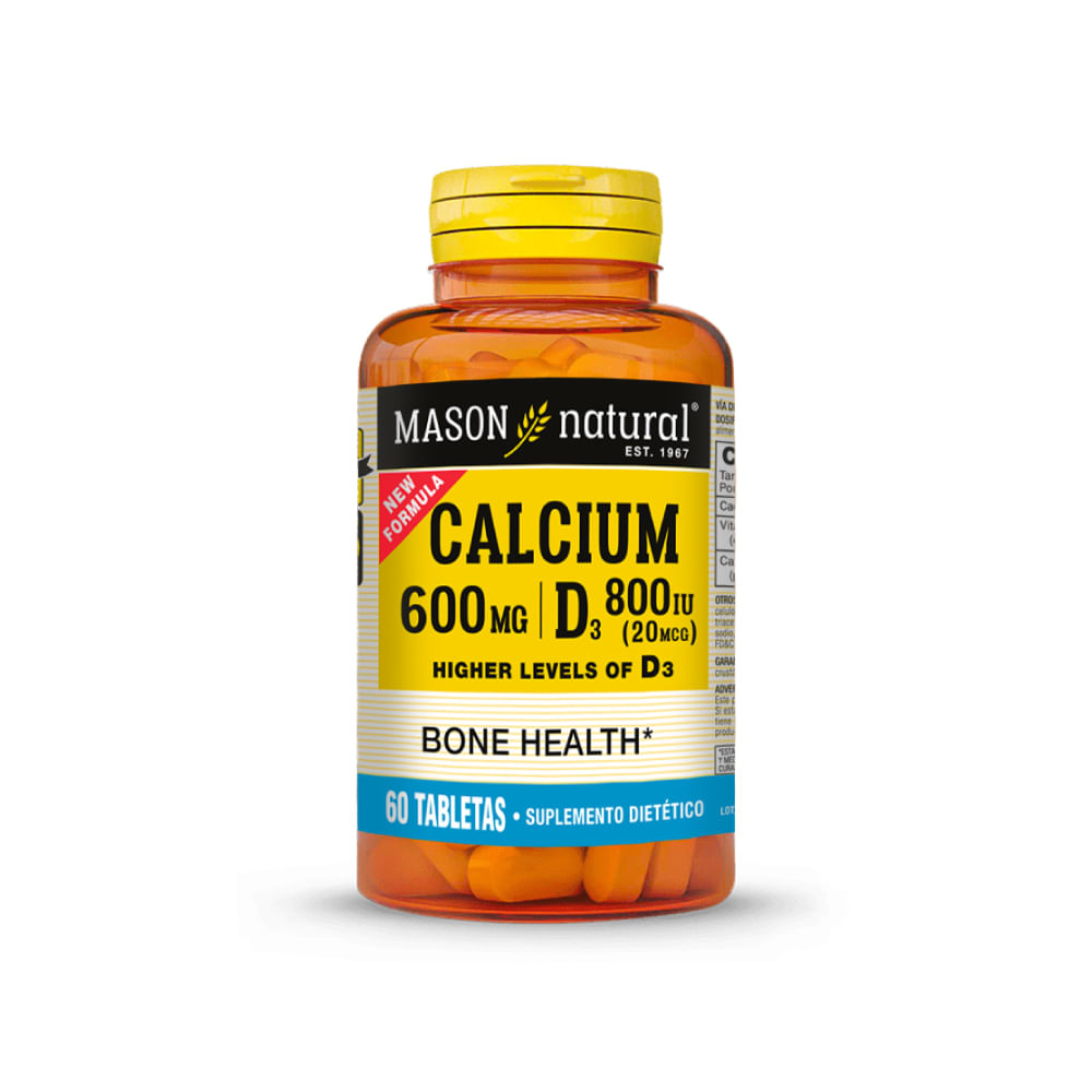 Calcio 600 MG + Vitamina D3 800 IU (20MCG) Mason Natural 60 Tabletas