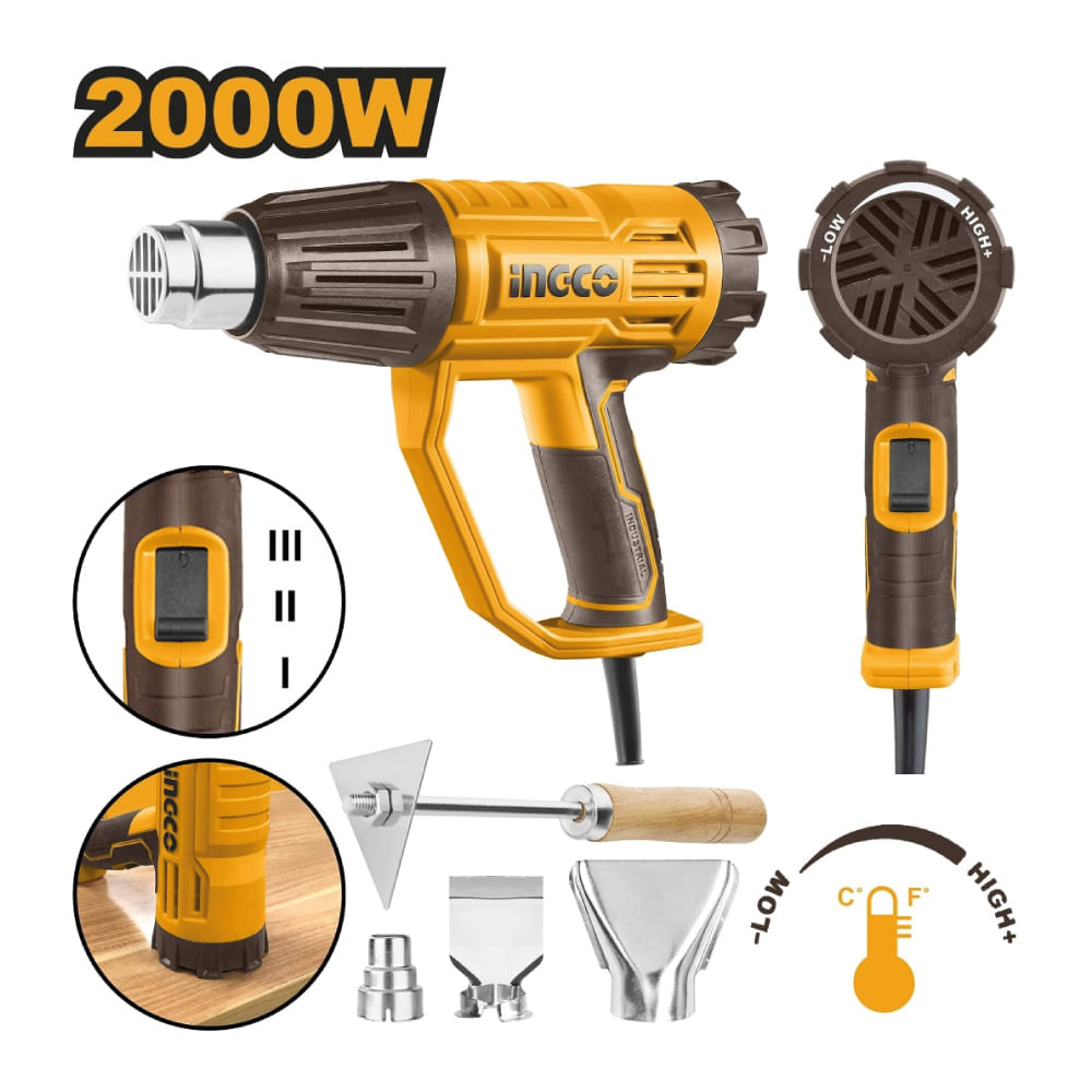Pistola de Calor Temperatura Ajustable Ingco 2000W + 4 Accesorios HG200047 Pistola de Calor Temperatura Ajustable Ingco 2000W + 4 Accesorios HG200047