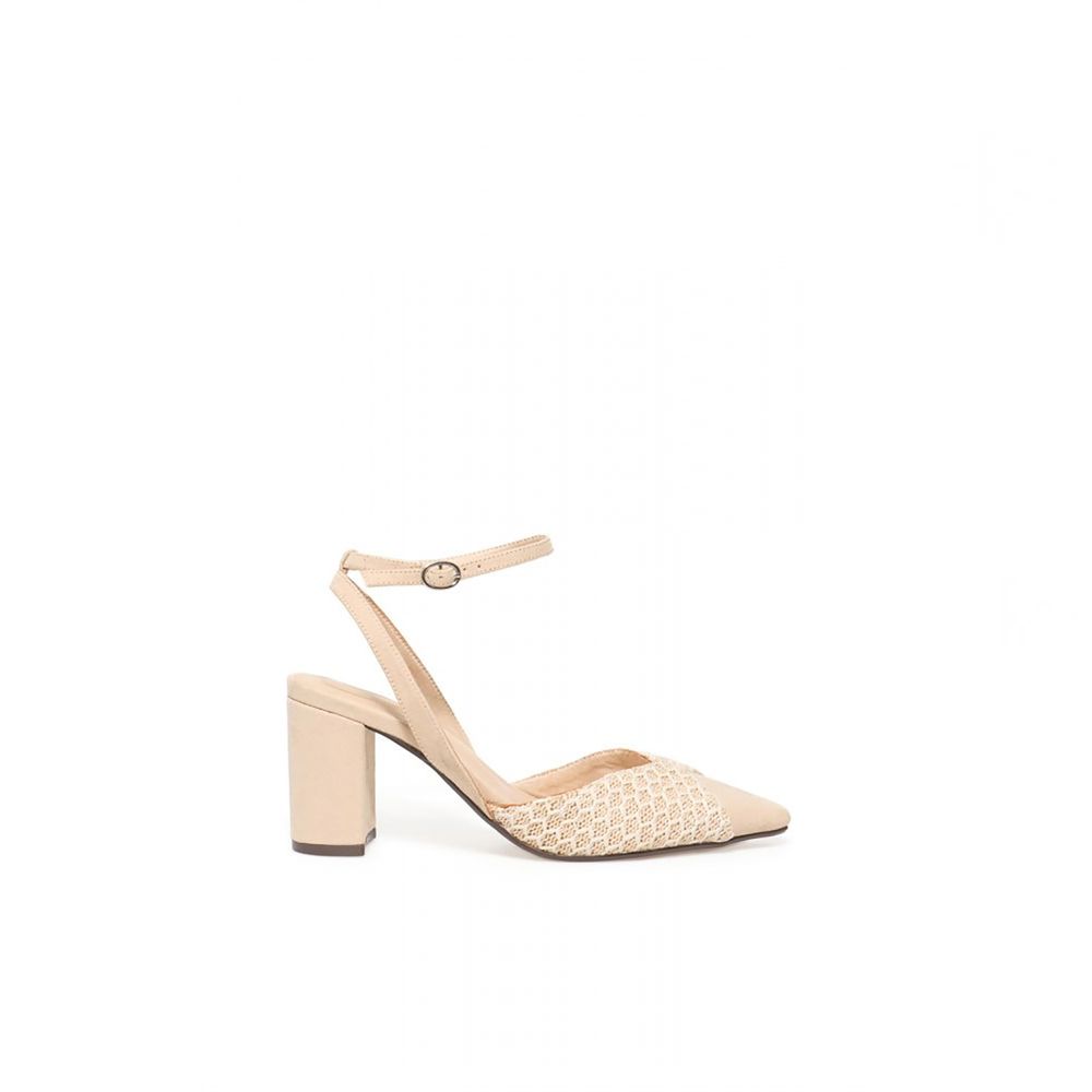 Zapatos De Vestir Mujer Sfera Tacon Rafia Combianada Beige