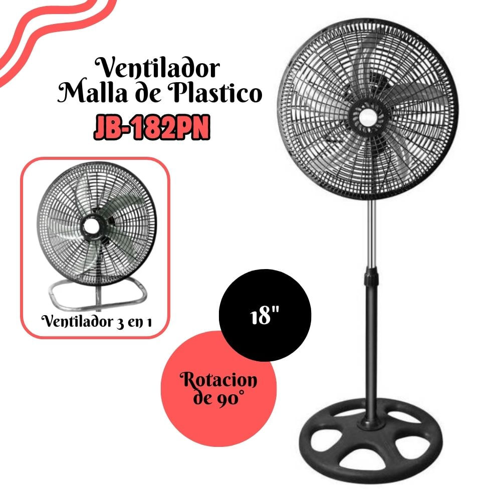 Ventilador de 5 Aspas Metalicas Malla Plastica 3 en 1 de18""