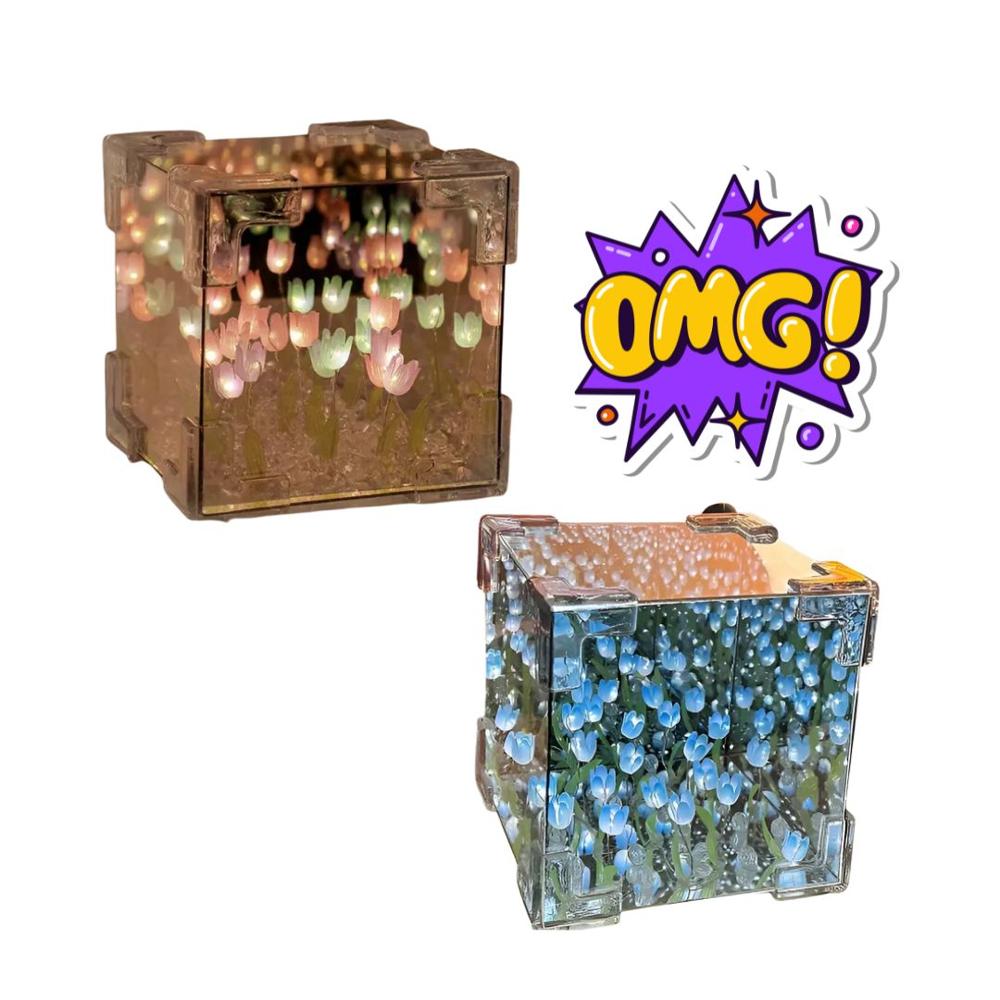 PACK X2 LAMPARA CUBO TULIPANES ESPEJO EFECTO INFINITO AZUL+MULTICOLOR