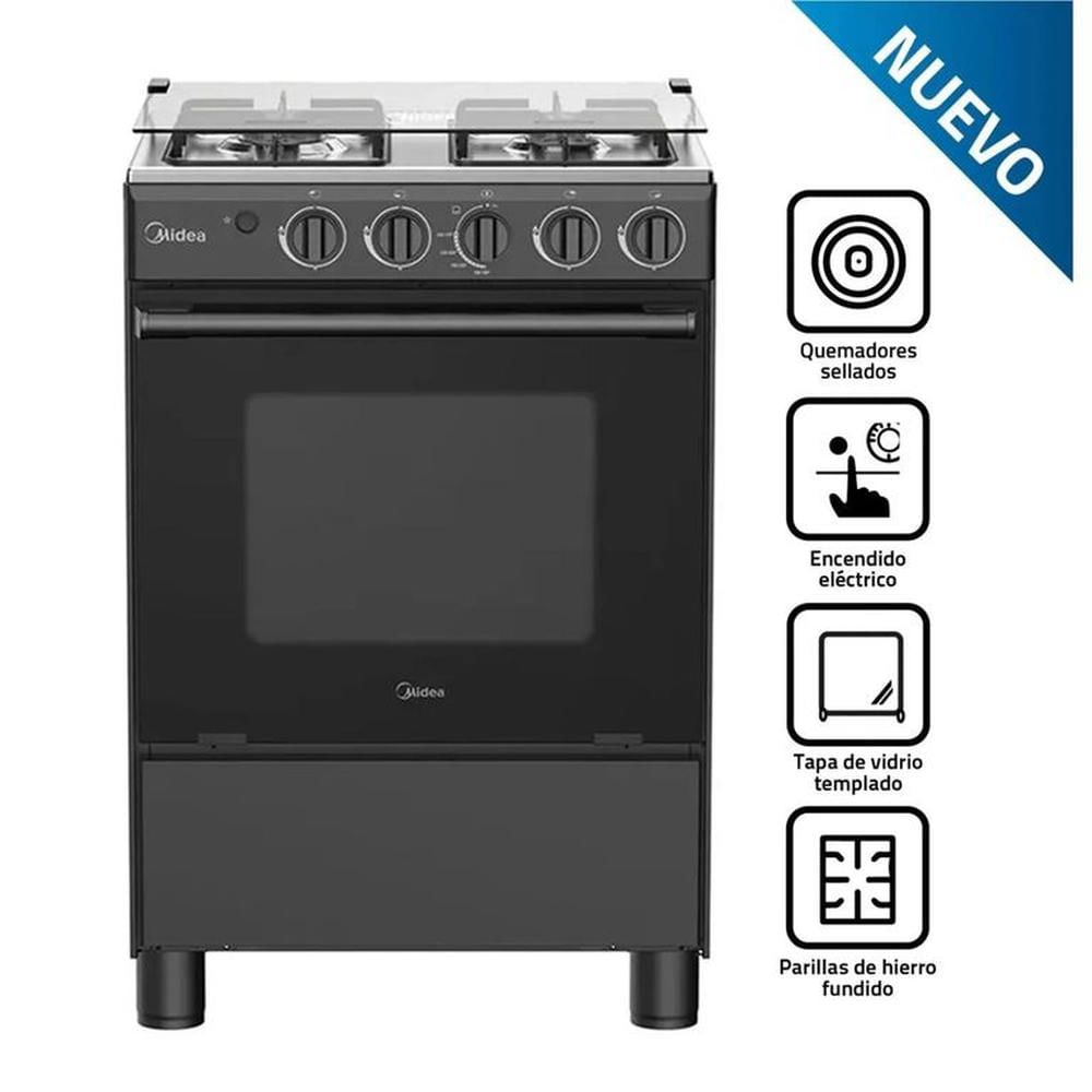 COCINA DE PIE MIDEA MGS24FS2LFABBC-PE A GAS 4 HORNILLAS NEGRO