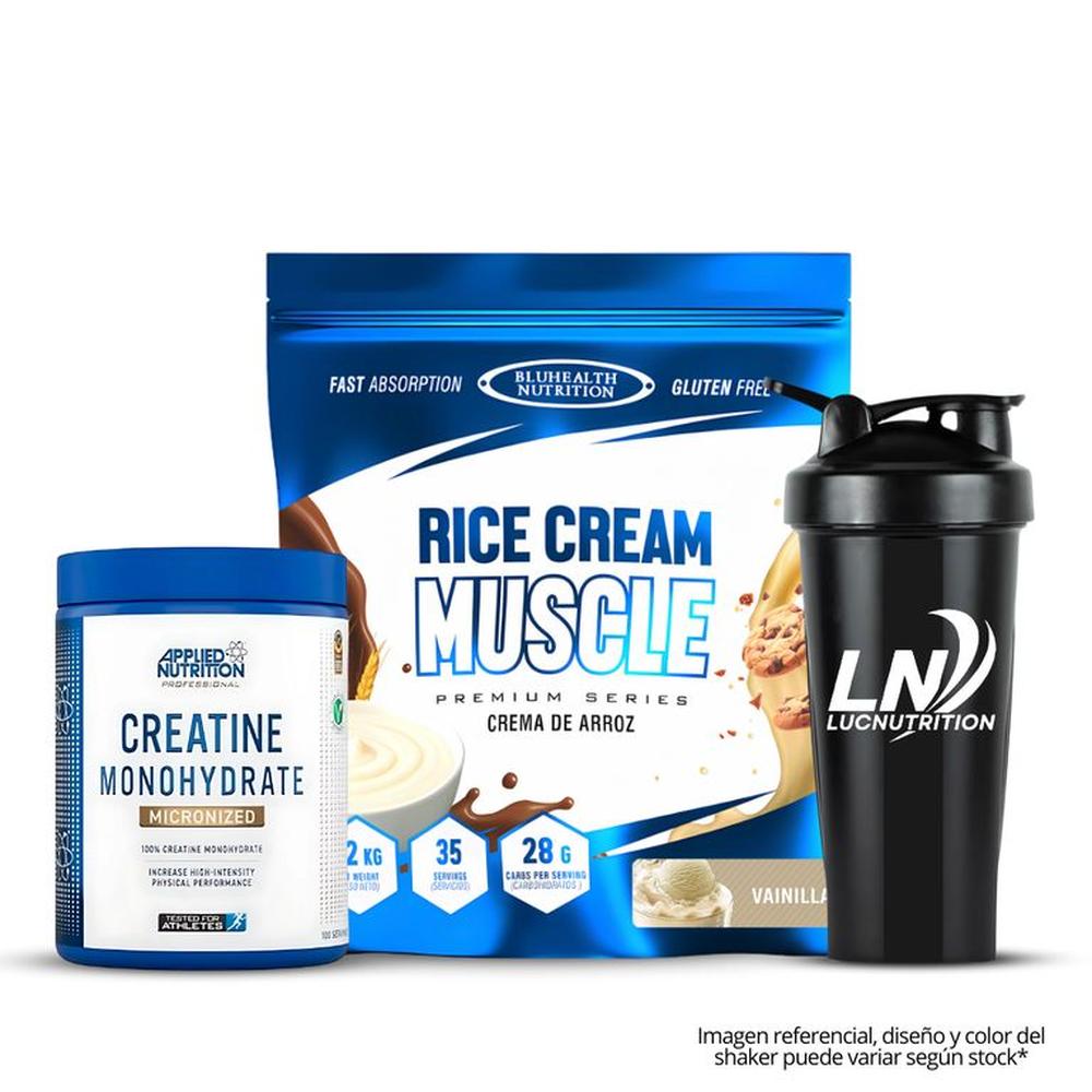Crema de arroz 1.2 kg Bluhealth Nutrition vainilla + Creatina applied nutrition 500 g + shaker