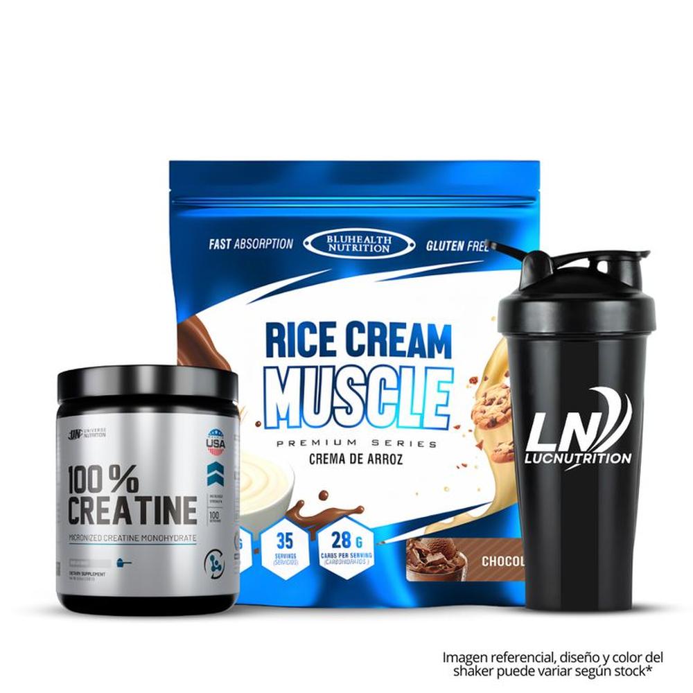 Crema de arroz 1.2 kg Bluhealth Nutrition Chocolate + Creatina Universe nutrition 250 g + shaker