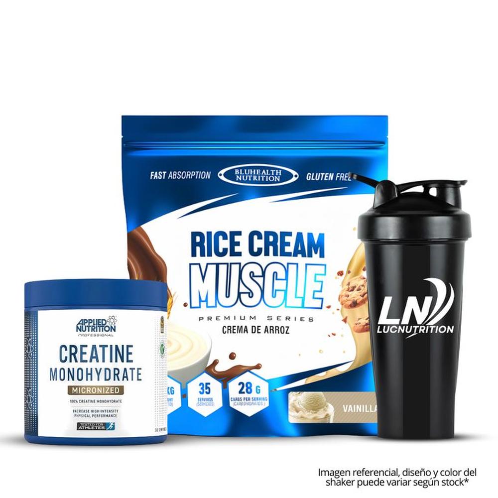 Crema de arroz 1.2 kg Bluhealth Nutrition vainilla + Creatina applied nutrition 250 g + shaker