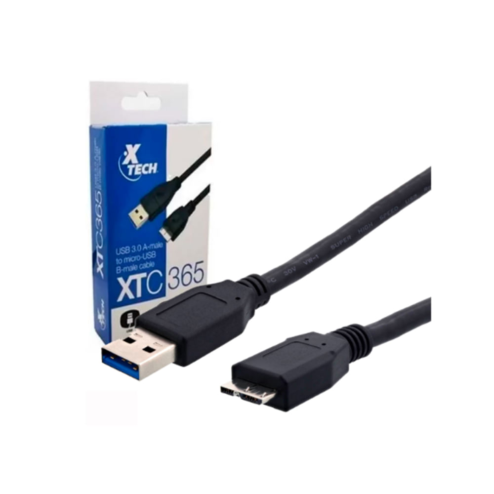 Cable de Datos Xtech XTC-365 USB a Micro USB 3.0 de 91 cm - Conexión Rápida para Discos Duros - Neg