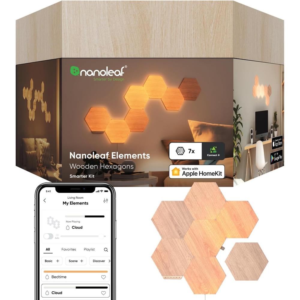 Nanoleaf Elements Paneles LED Hexagonales Madera (Paquete de 7)