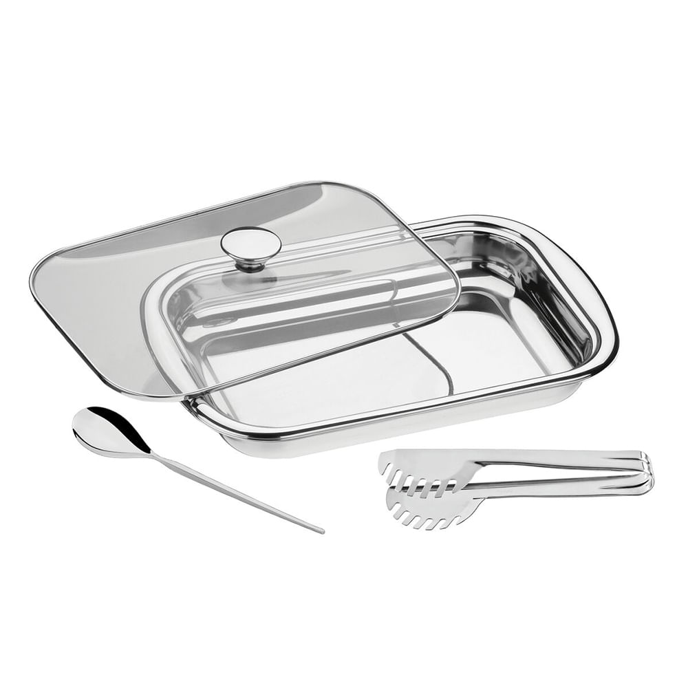 JUEGO PARA HORNEAR Y SERVIR DE A. INOX C/TAPA DE VIDRIO 3 PZAS TRAMONTINA 64310/114